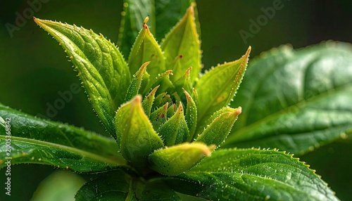 Close up of vibrant green plant bud with textured leaves and natural sunlight