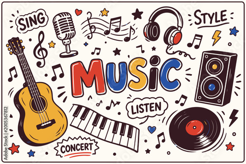 Colorful music illustration with instruments and icons Vector