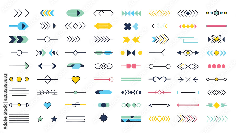 Fototapeta premium Set of isolated vector arrows and pointers with different styles and shapes, line and solid design.