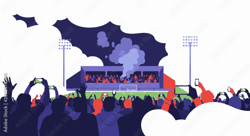 Naklejka premium Crowd at stadium captures event on phones, smoke rises
