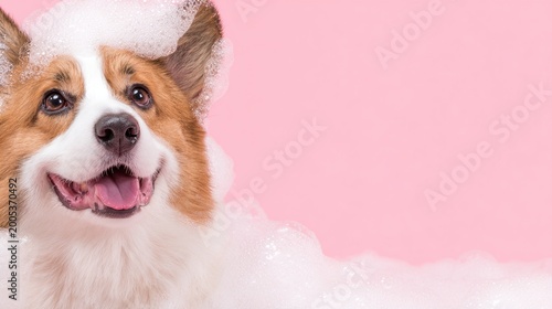 corgi. A happy Welsh corgi covered in fluffy bubbles, posing in a pastel-colored grooming salon. wildlife magazines, conservation campaigns, designed for nature documentaries and education.
