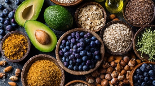 Healthy food assortment avocados berries nuts seeds grains herbs closeup