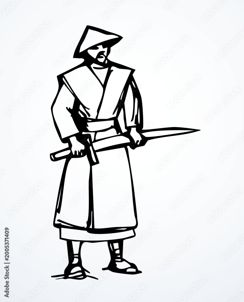 Obraz premium Vector drawing. The warrior is dressed in traditional Asian clothing