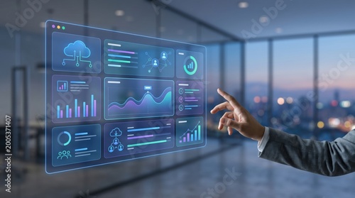 Hand touching futuristic holographic dashboard with cloud computing, big data analytics, and network diagrams, symbolizing advanced tech solutions.
