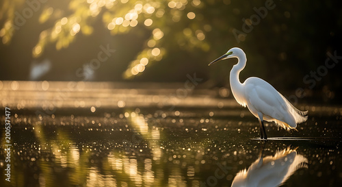 Great egret wading in shallow water with golden sunlight and reflection