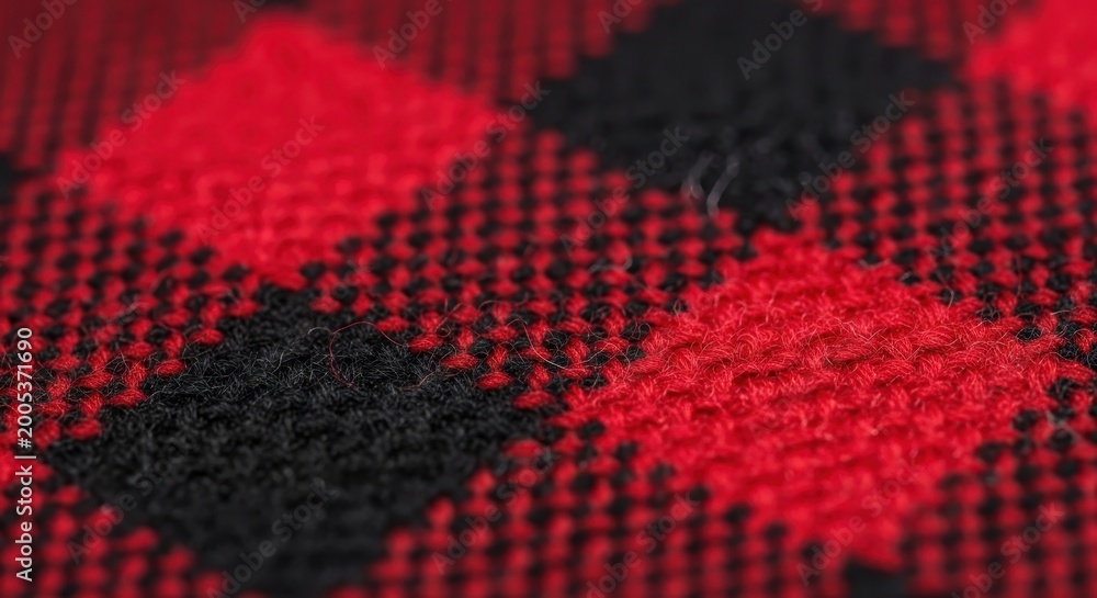 Fototapeta premium Close-up of vibrant red and black plaid fabric texture with detailed weave pattern