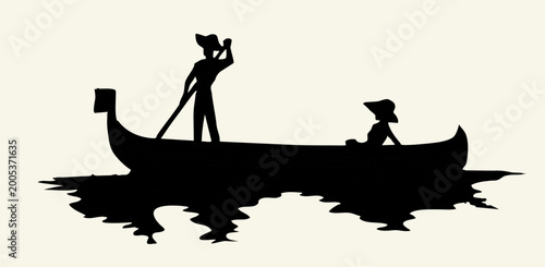 Vector drawing. Gondolier in a boat