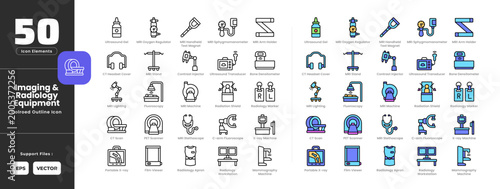 Konstfotografi Imaging and radiology equipment tool icon set collection - colored outline line art style