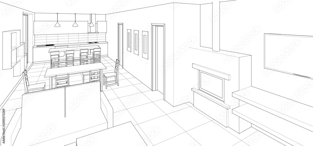 Fototapeta premium interior kitchen living room 3d illustration 