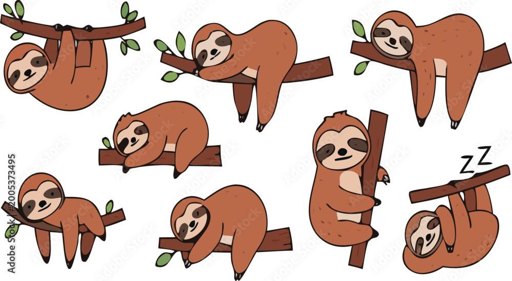 Fototapeta premium Cute sloth character vector set featuring cartoon sloths sleeping, hanging and relaxing on tree branches in adorable kawaii style isolated