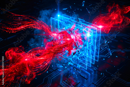 Cyberattack visualization, red hostile streams breaking through blue digital defense, network intrusion concept art