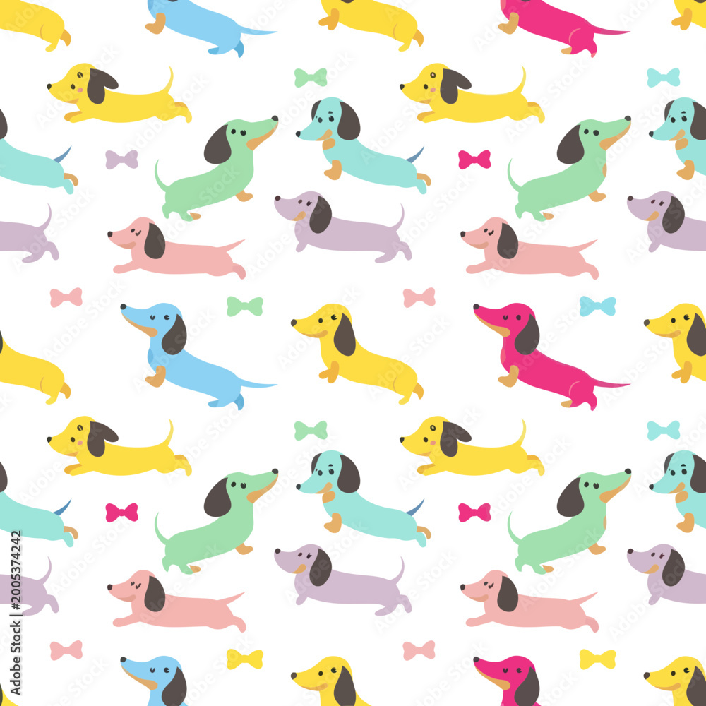 Obraz premium Cute Dachshund Dog Pattern, Kawaii Wiener Dog Seamless Background, Pastel Colors
