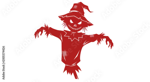 Canvas Print Scary Red Scarecrow Silhouette with Hat and Grinning Face on White Background