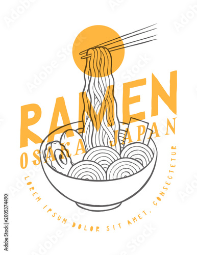 Ramen Osaka Japan ramen bowl with noodles held by chopsticks vintage typography t-shirt print vector illustration