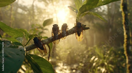 cicadas. Dense tropical rainforest at dusk, cluster of cicadas on a branch, golden hour light. wildlife magazines, conservation campaigns, designed for nature documentaries and education.