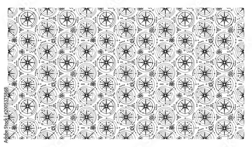 Fotografie Geometric star pattern with circular sun symbols in minimal line art style