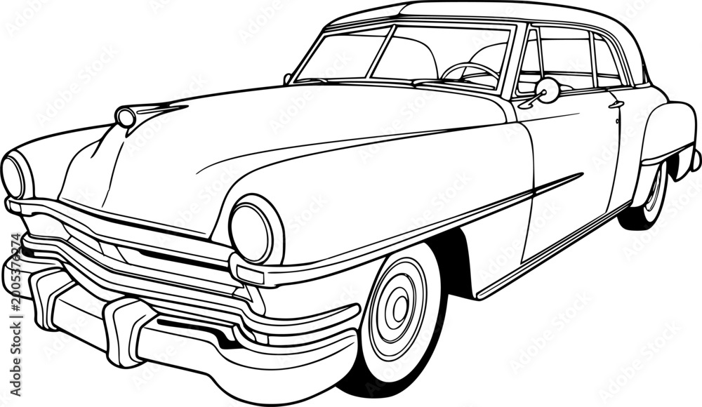 Obraz premium Vintage classic car line art illustration, retro 1950s style luxury coupe vector drawing
