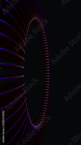 Side view of a purple neon spiral structure floating in a dark environment depicting advanced movement and digital energy flow