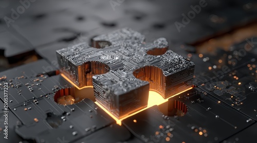 Circuit board puzzle piece glowing with orange light