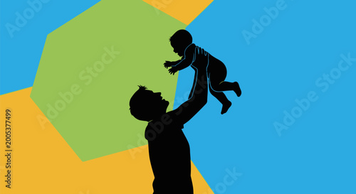 Man holding baby in air high.