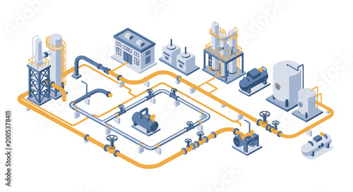 Isometric illustration of a modern industrial plant with pipelines and buildings.