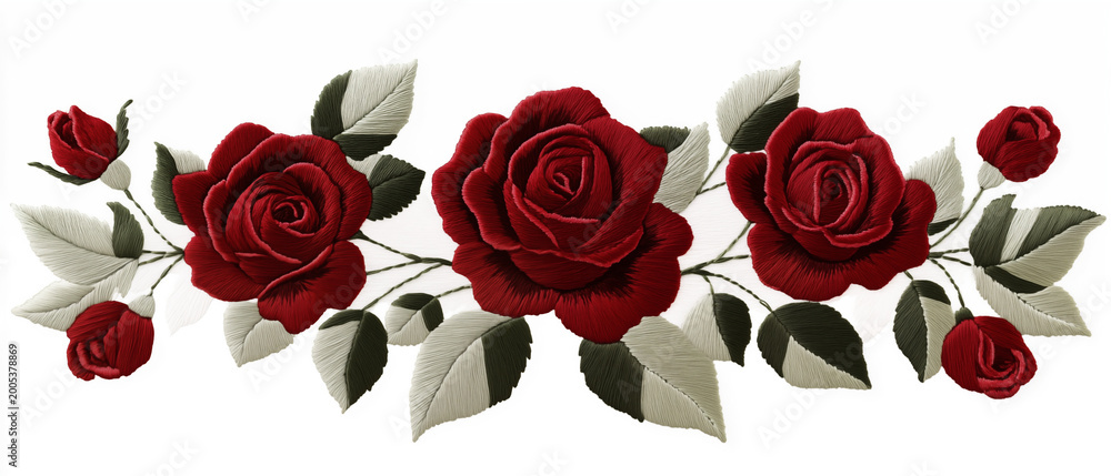 Naklejka premium Embroidery artwork featuring a symmetrical arrangement of red roses with green and white leaves and decorative vines. The central blooming rose is surrounded by smaller buds
