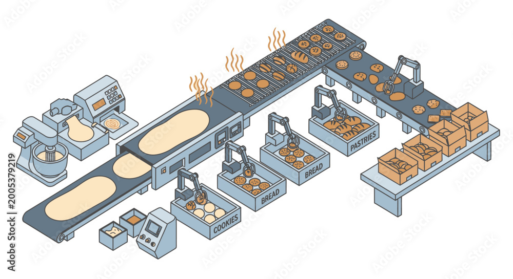 Obraz premium Automated cookie production line with robotic arms, mixers, ovens, and packaging stations.