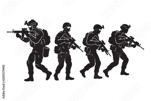 Bild auf Leinwand Special Forces Military Soldiers Silhouette Set with Rifles and Tactical Gear