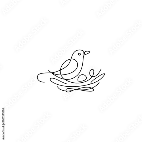 Minimalist continuous line drawing of a bird in a nest
