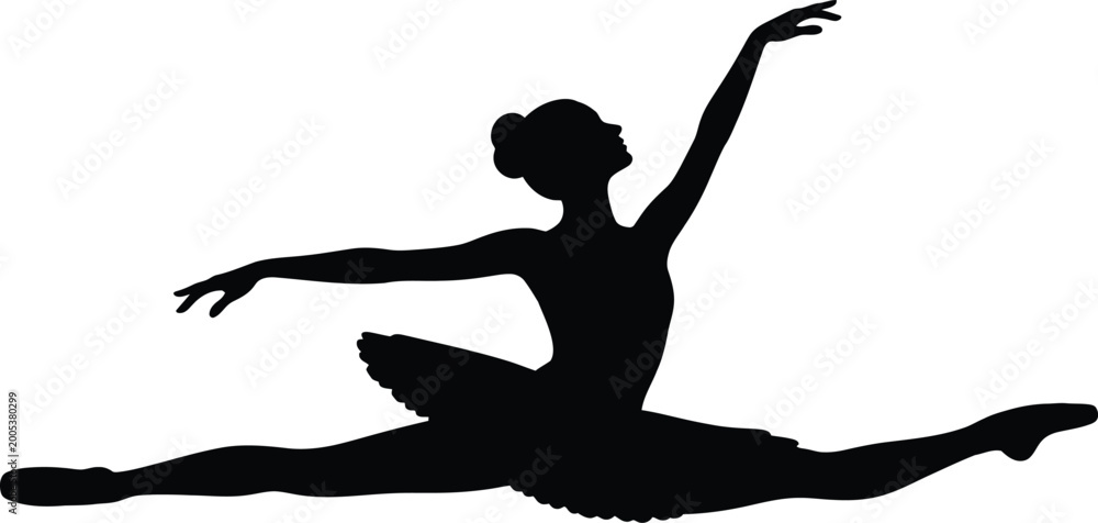 Fototapeta premium Graceful Ballerina Silhouette Dancing and Jumping in Mid-Air Leap Vector