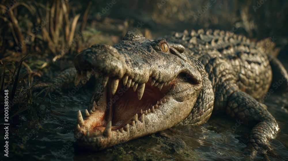 Fototapeta premium Crocodile with open mouth in murky water natural light