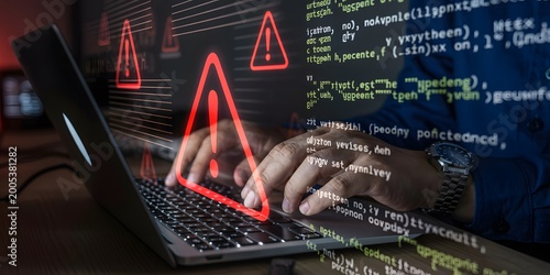Cybersecurity Threat Alert Warning Icons Over a Person Using a Laptop with Code in the Background