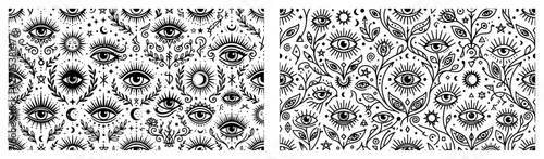 Mystical occult pattern with celestial eyes sun and moon in hand drawn style