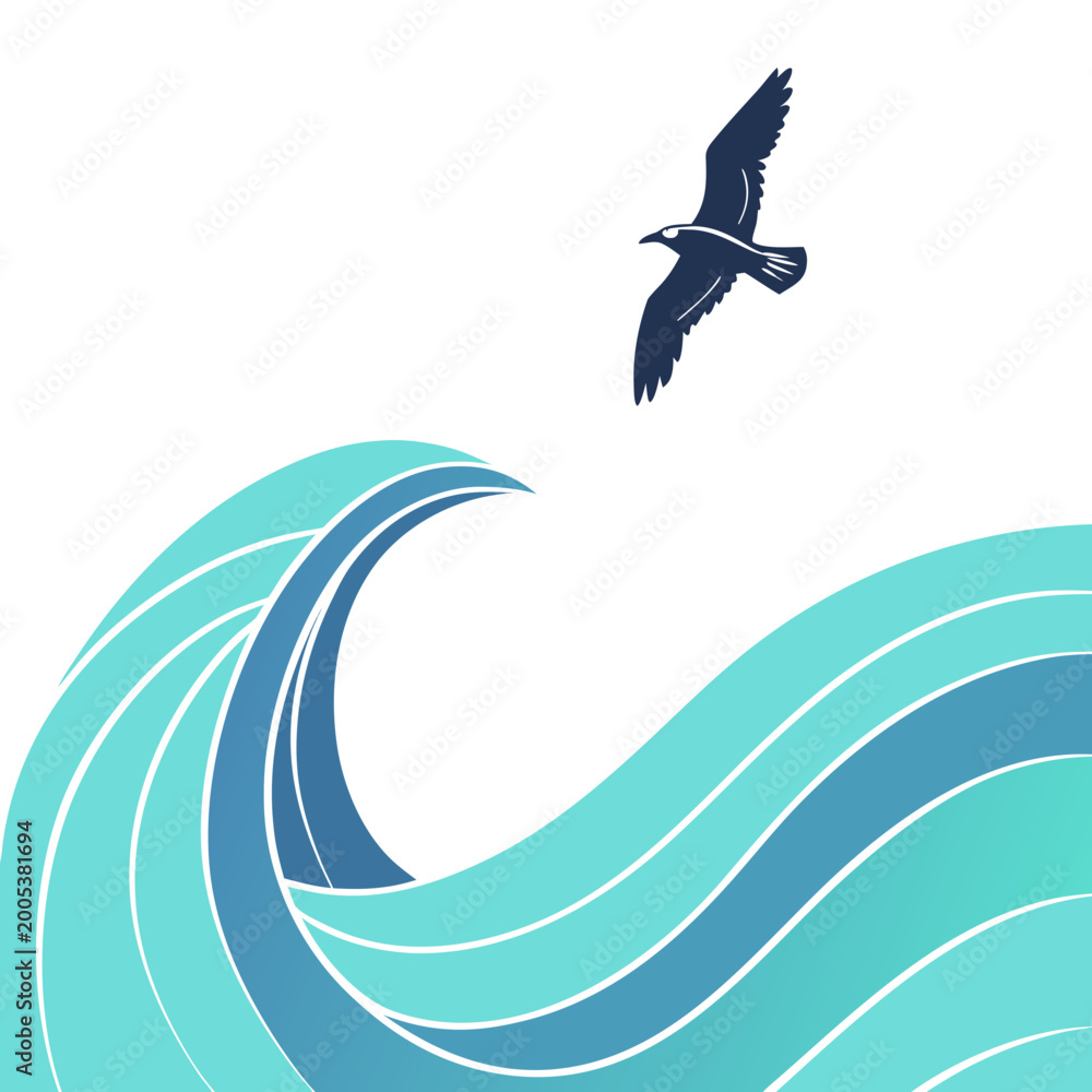 Obraz premium Ocean wave, seagull flying, blue gradient, vector illustration, beach background