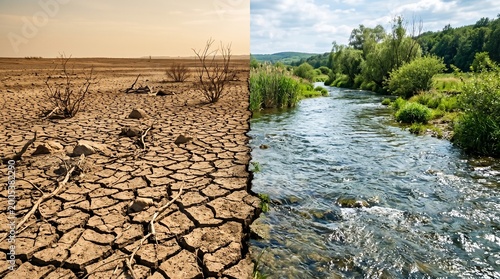 Dry Cracked Land vs Clean Water – Climate Change Concept