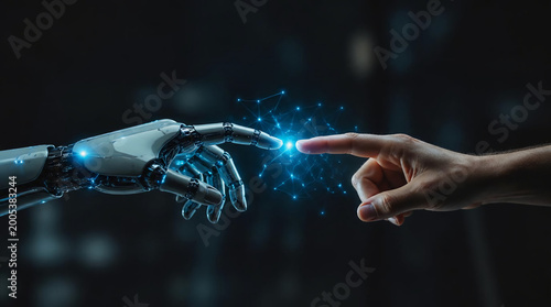 Human hand robotic hand glowing digital connection artificial intelligence technology concept