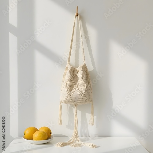 Minimal Product Styling with Macrame Bag and Citrus Fruit