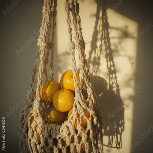 Natural Fiber Bag with Fresh Lemons in Bright Daylight Aesthetic