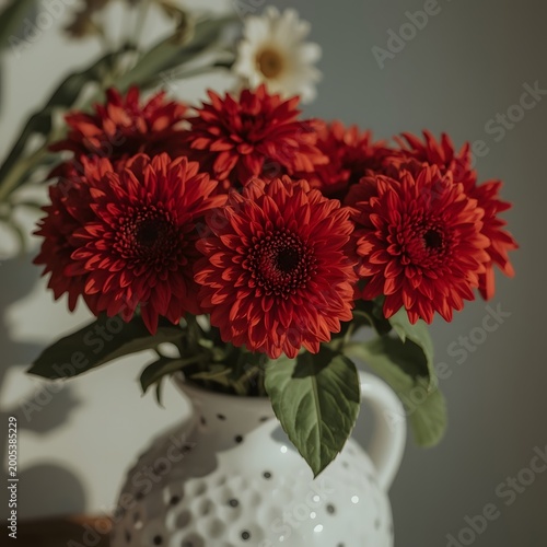 Red Flowers with Green Leaves in Blue Polka Dot Vase Still Life
