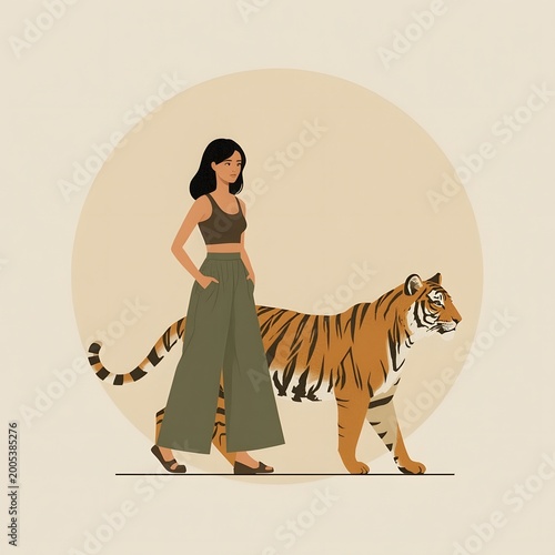 Flat Illustration of Woman with Tiger Modern Artistic Poster Design