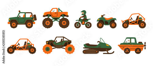 Tableau sur toile Off-road vehicle set flat vector illustration, adventure motorcars collection wi