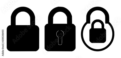 Lock icon set with solid black shapes featuring security, privacy, protection with authorization and access