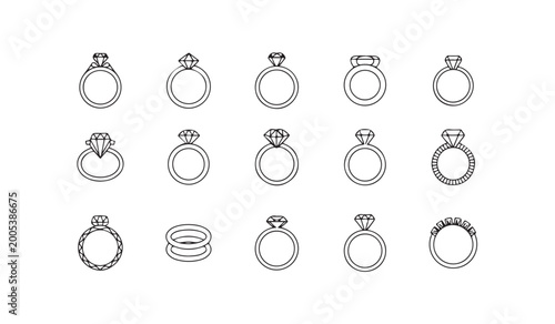 Canvastavla Diamond engagement ring icon set featuring various luxury jewelry designs and gemstone shapes vector