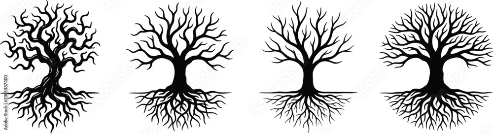 Obraz premium Tree vector illustration set, stylized branching silhouettes with roots showing growth, symmetry and transformation for nature designTree vector illustration set