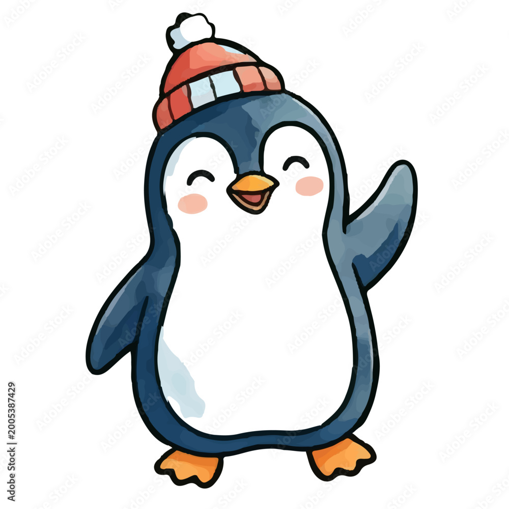 Obraz premium A cute cartoon penguin wearing winter clothes standing happily in the snowy Antarctic ice during winter