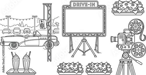 Vintage drive‑in movie theater vector illustration with classic cars, outdoor cinema screen, projector, nachos, and milkshakes