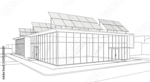 Architectural sketch of a modern building featuring large glass windows and rooftop solar panels, emphasizing sustainable design and energy efficiency.