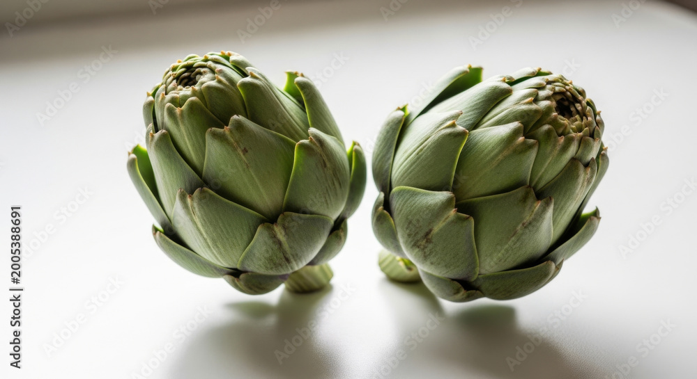 Fototapeta premium Two Fresh Green Artichokes Displayed on A White Surface, Highlighting Their Unique Texture and Shape Concept Delicious Food