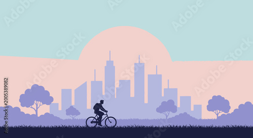 Cyclist riding bike through city park at sunrise