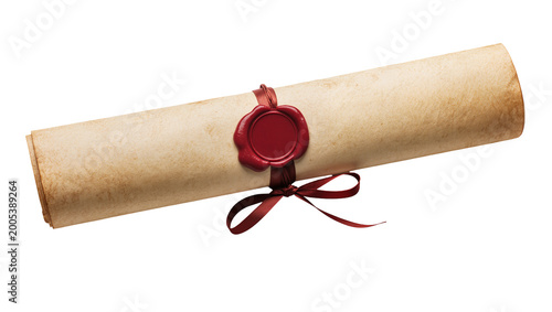 Tableau sur toile Antique parchment scroll sealed with crimson wax and brown ribbon